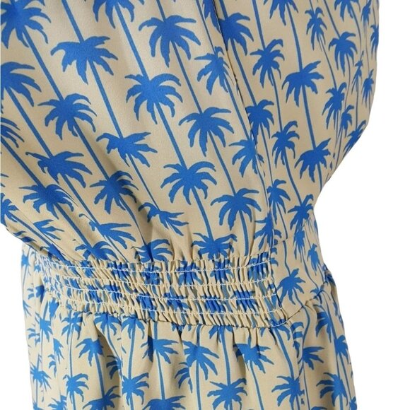 JustFab Halter Dress Tan Blue Large Palm Tree Sleeveless Surplice V Neck NWT - Picture 5 of 7